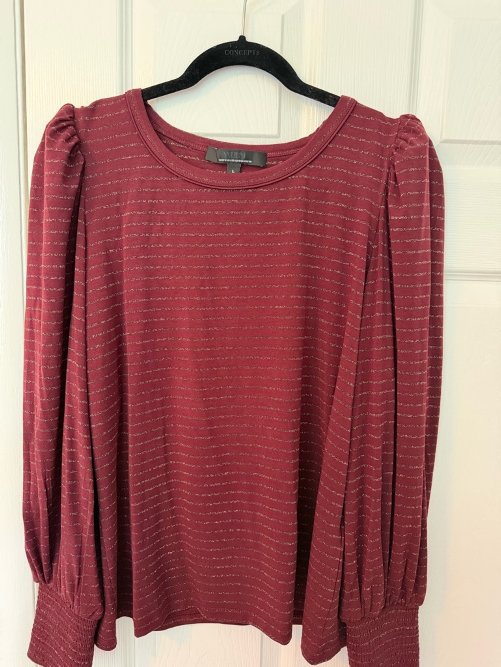 White House Black Market Burgundy Metallic-Striped Puff-Sleeve Top - Picture 2 of 3